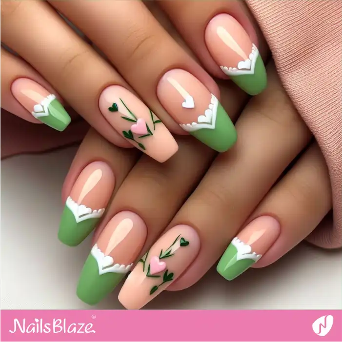 Green Tips Peach Fuzz Nails with Heart Design | Color of the Year 2024 - NB1897